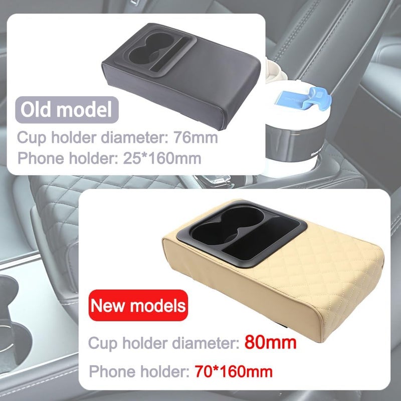 Supin Car Armrest Cushion - Multifunctional Faux Leather Armrest Cushion with Cup Holder, Phone Storage, and Ergonomic Design for All Seasons (Beige) - Image 2